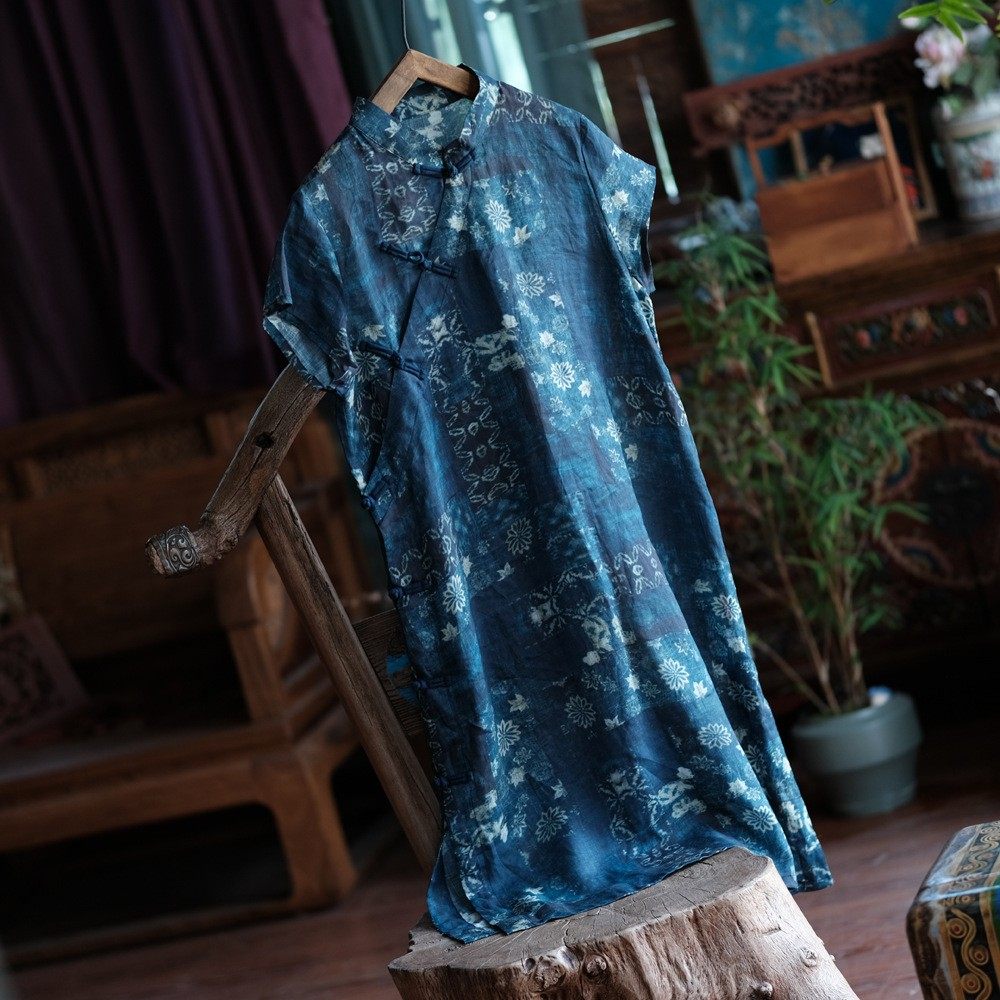 新款棉麻女装纯苎麻立领盘扣国风改良旗袍连衣裙1333蓝襟