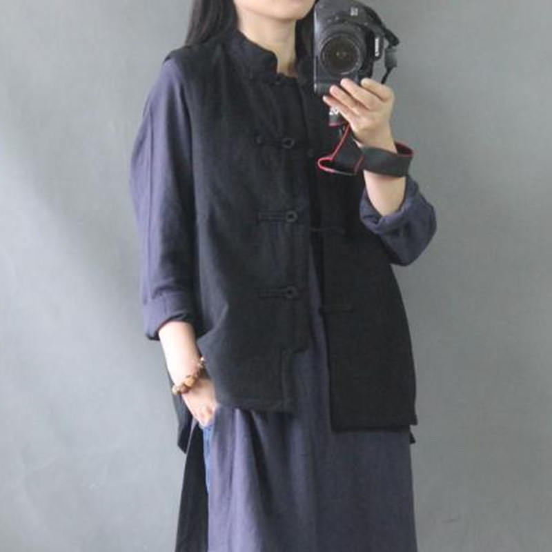 原创设计棉麻女装盘扣宽松中式春秋季双层亚麻马夹