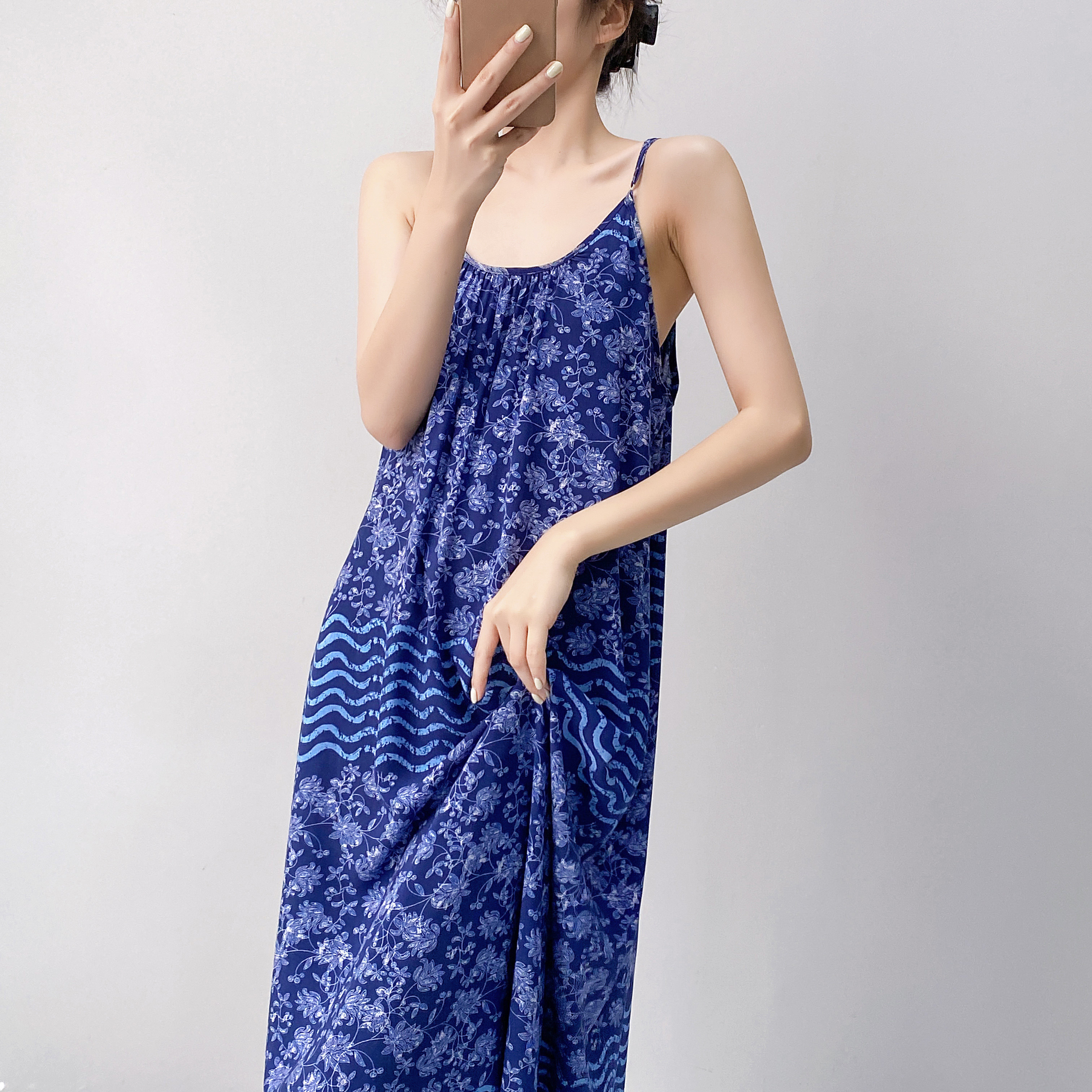 棉绸睡裙女夏天印花薄款吊带两穿长裙可外穿海边度假高级感连衣裙