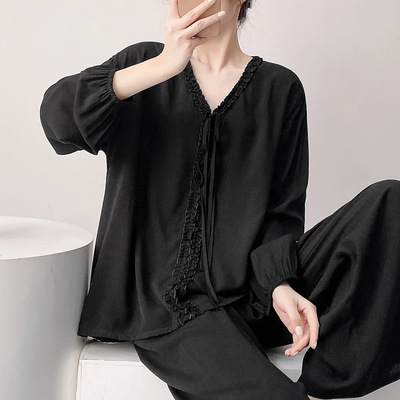 简约风黑色棉绸睡衣女春夏季绵绸家居服套装可外穿春秋薄款加大码