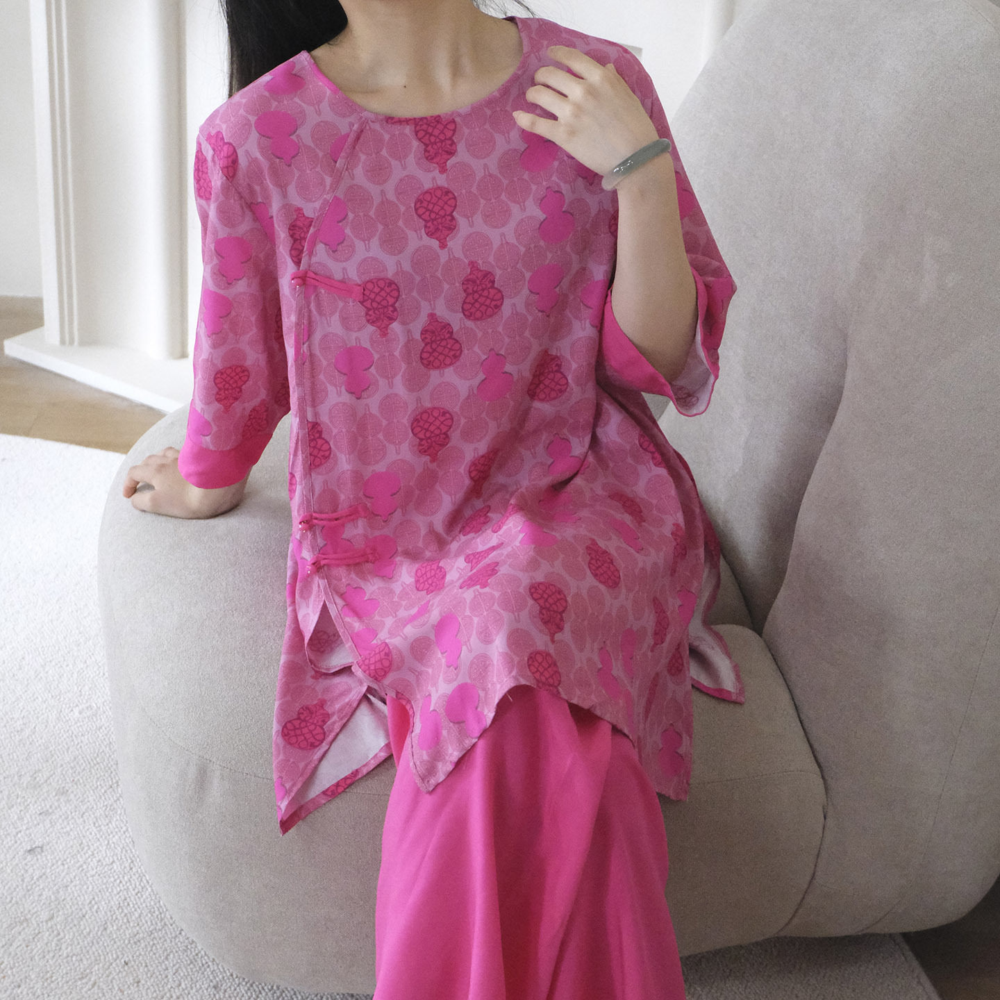夏季新中式国风复古棉绸中袖薄款睡衣女士套装可外穿家居服两件套
