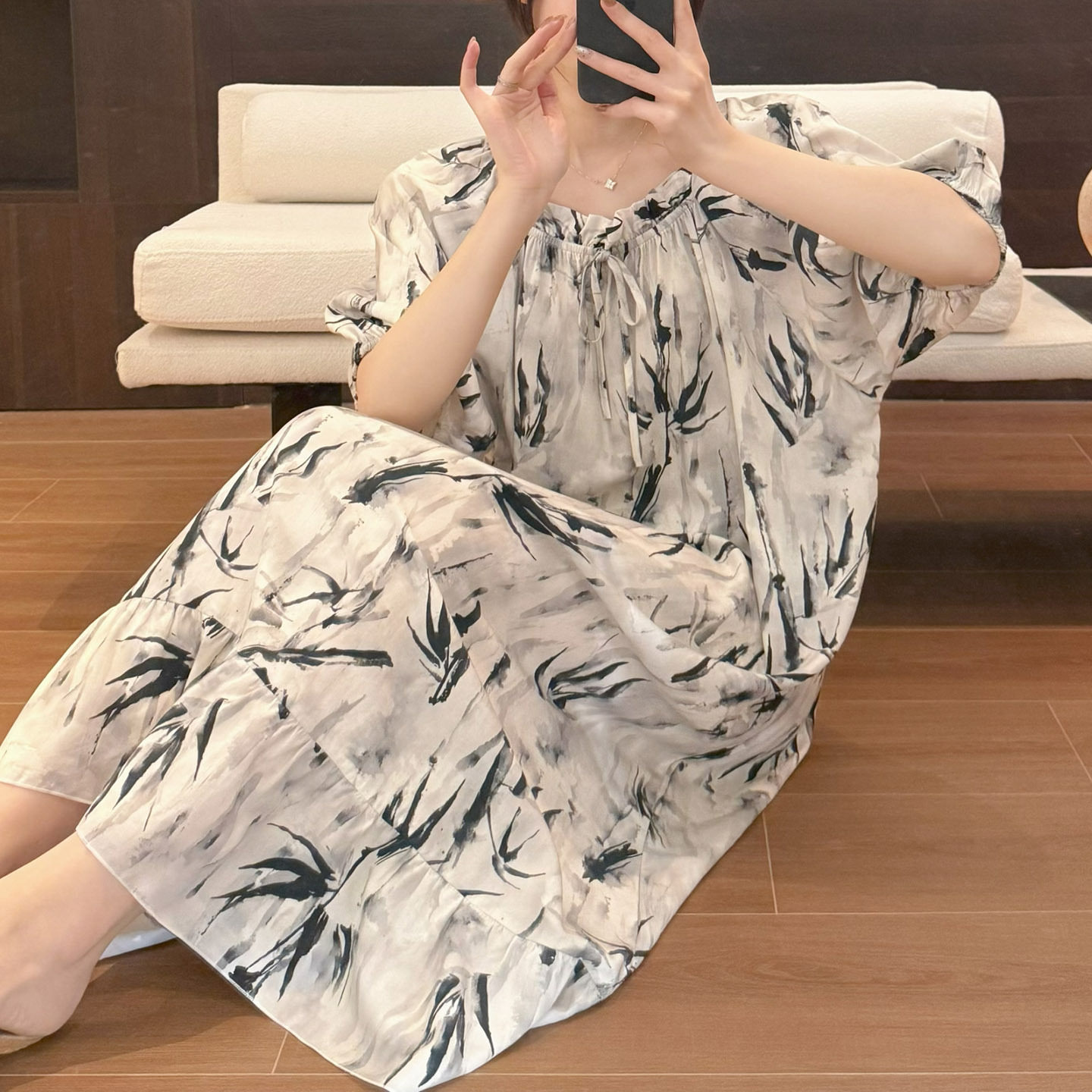 新中式国风棉绸睡裙女夏短袖娃娃领宽松中长款家居服可外穿绵绸裙