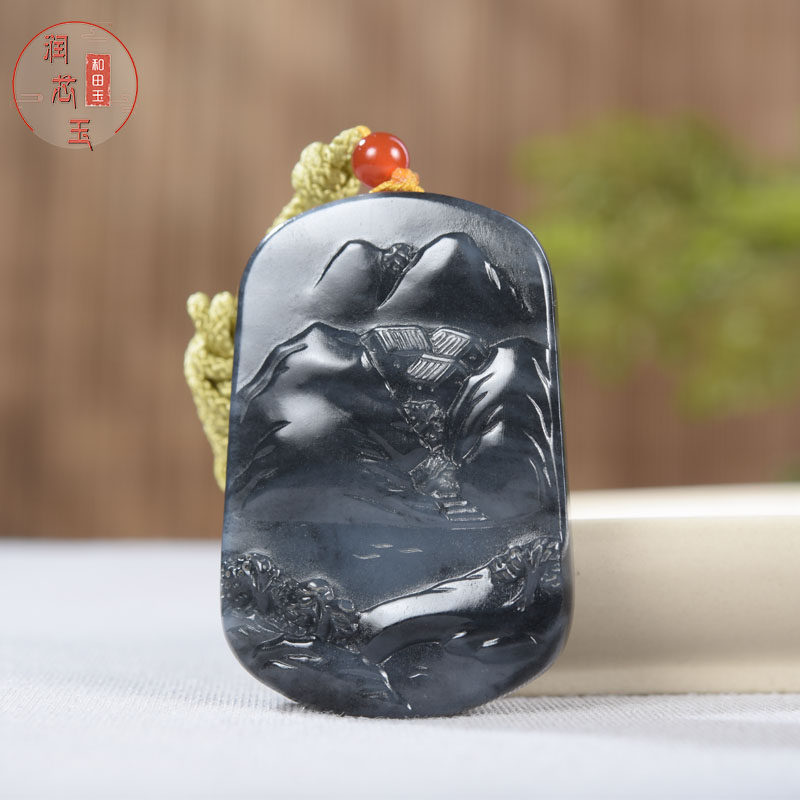 润芯玉天然玉石挂件新疆和田玉籽料墨玉青花山水意境牌独籽玉吊坠