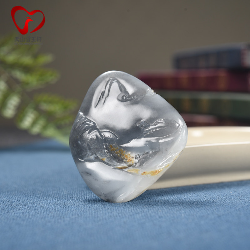 雪玉轩天然玉石挂件新疆和田玉籽料墨玉青花意境山水牌平安牌吊坠