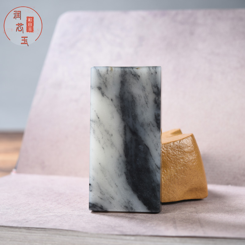 雪玉轩天然玉石吊坠新疆和田玉籽料墨玉青花平安无事牌独籽玉挂坠