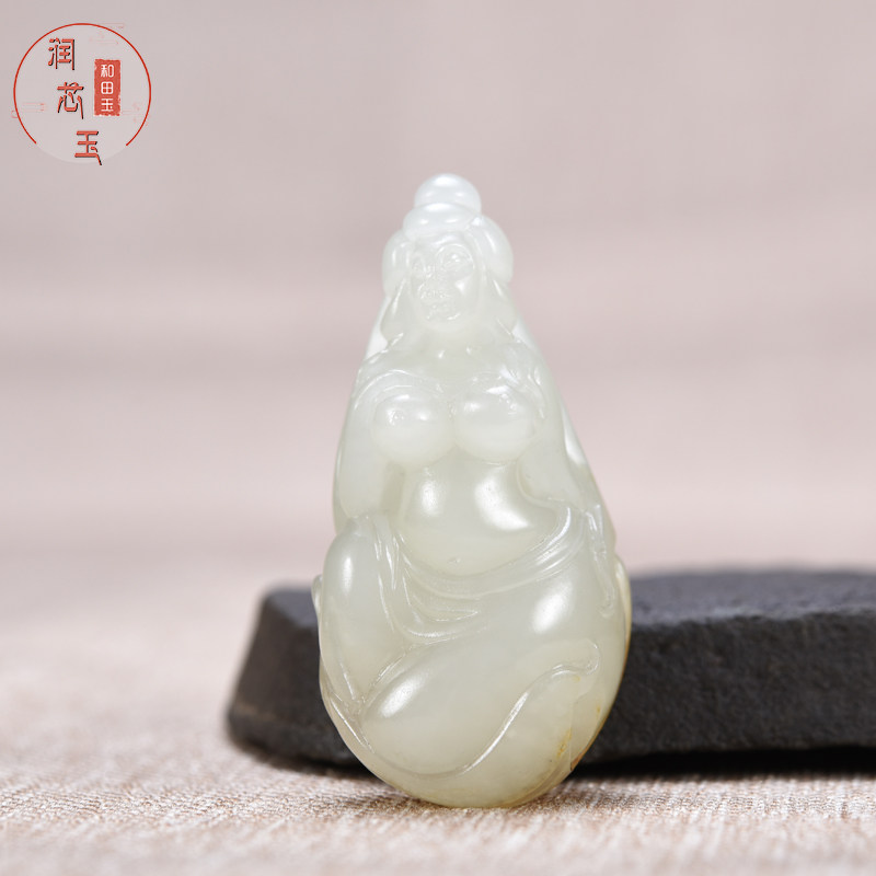 雪玉轩天然玉石遇贵人挂件新疆和田玉籽料羊脂白玉美人玉贵人吊坠