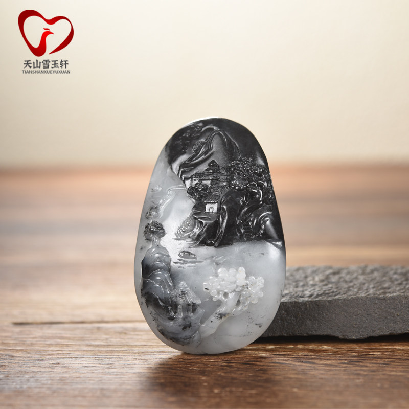 雪玉轩天然玉石挂件新疆和田玉籽料墨玉青花随形雕意境山水牌吊坠