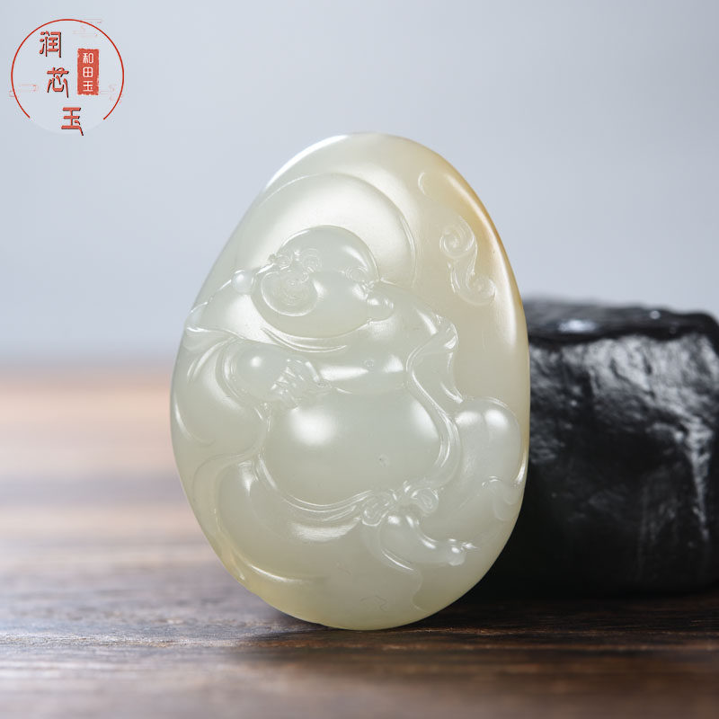 雪玉轩天然玉石挂件新疆和田玉籽料洒金皮青玉弥勒佛笑佛玉吊坠