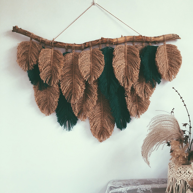 北欧ins挂毯手工编织黄麻绳摩洛哥风羽毛墙壁挂饰民宿样板房装饰