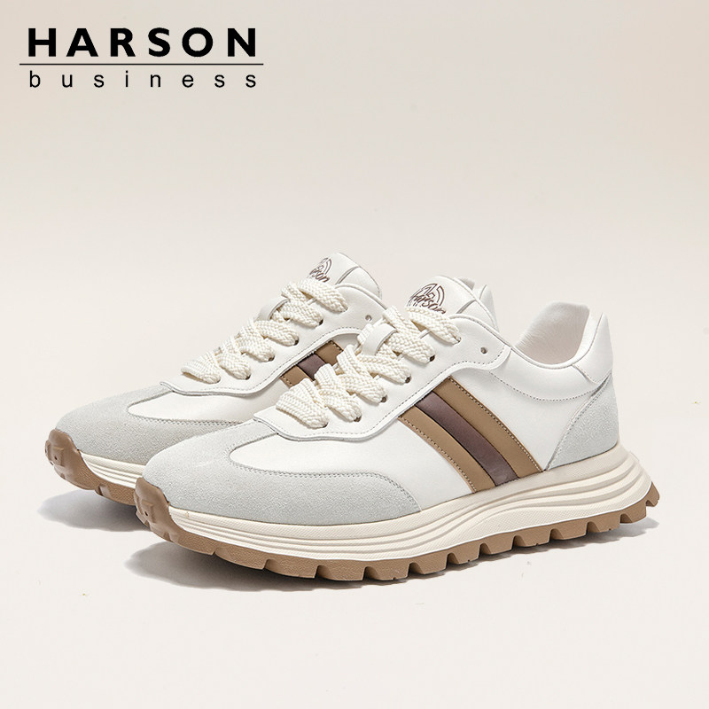 哈森男鞋春季新款休闲皮鞋头层牛皮透气平底运动鞋男士增高牛皮鞋