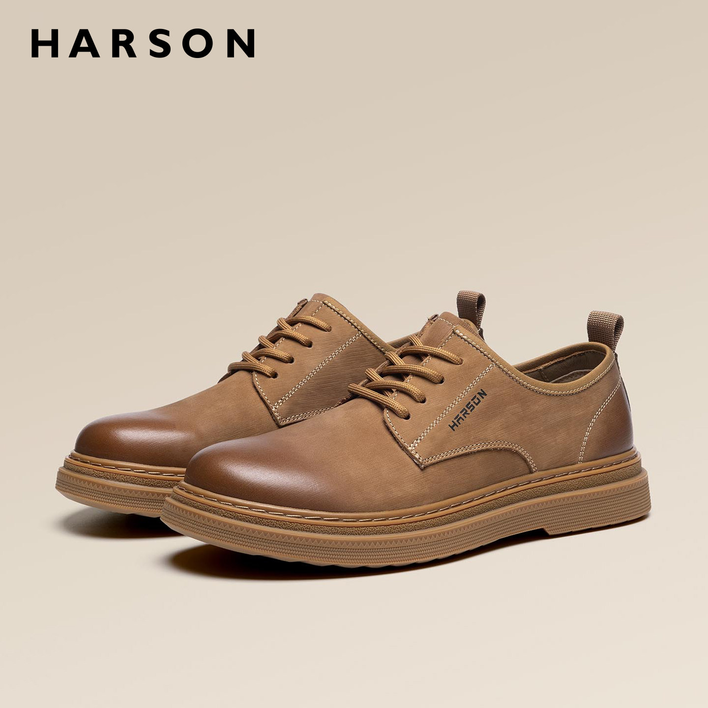 哈森男鞋春季2026新款工装鞋男士厚底大头皮鞋真皮时尚休闲德比鞋