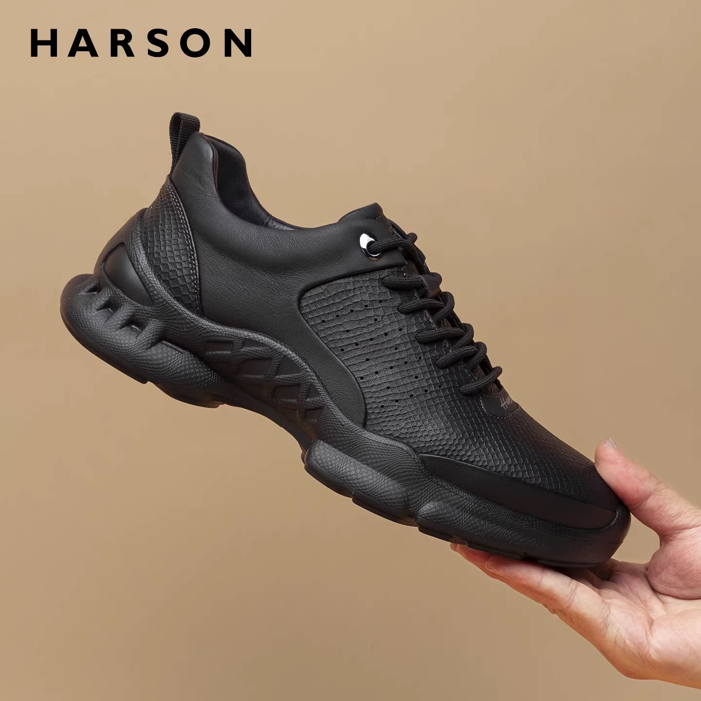 哈森男鞋春季新款商务休闲皮鞋男士黑色公务通勤鞋子真皮运动鞋男