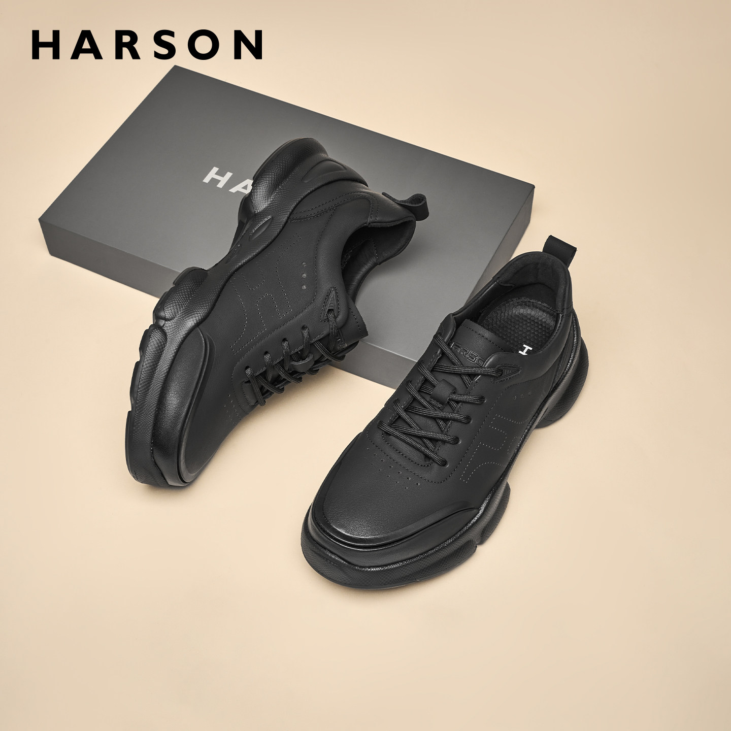 哈森冬季加绒男鞋新款真皮商务休闲皮鞋男士增高黑色牛皮运动鞋子