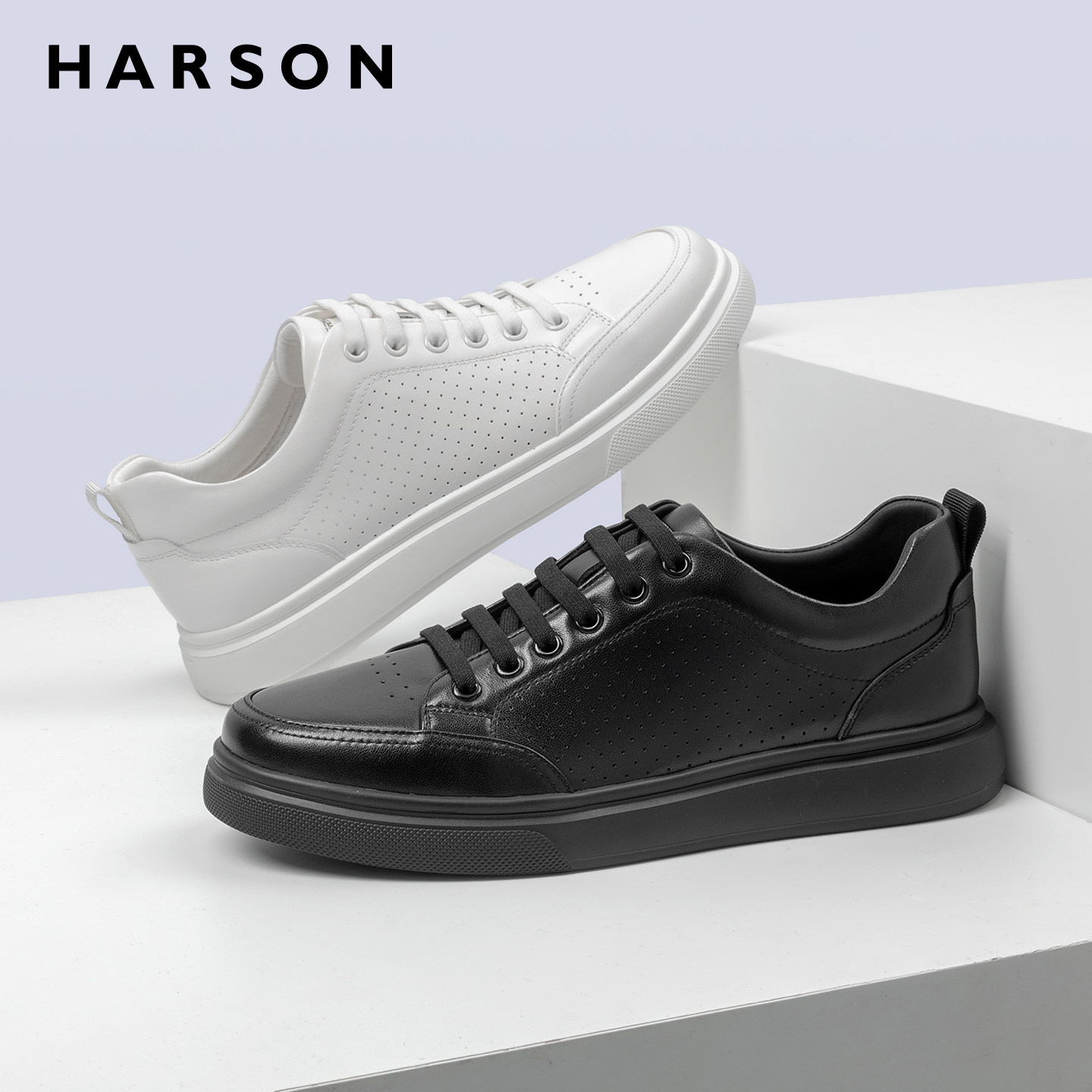 哈森春季新款男鞋时尚厚底休闲板鞋男士皮鞋商务通勤运动鞋子男款