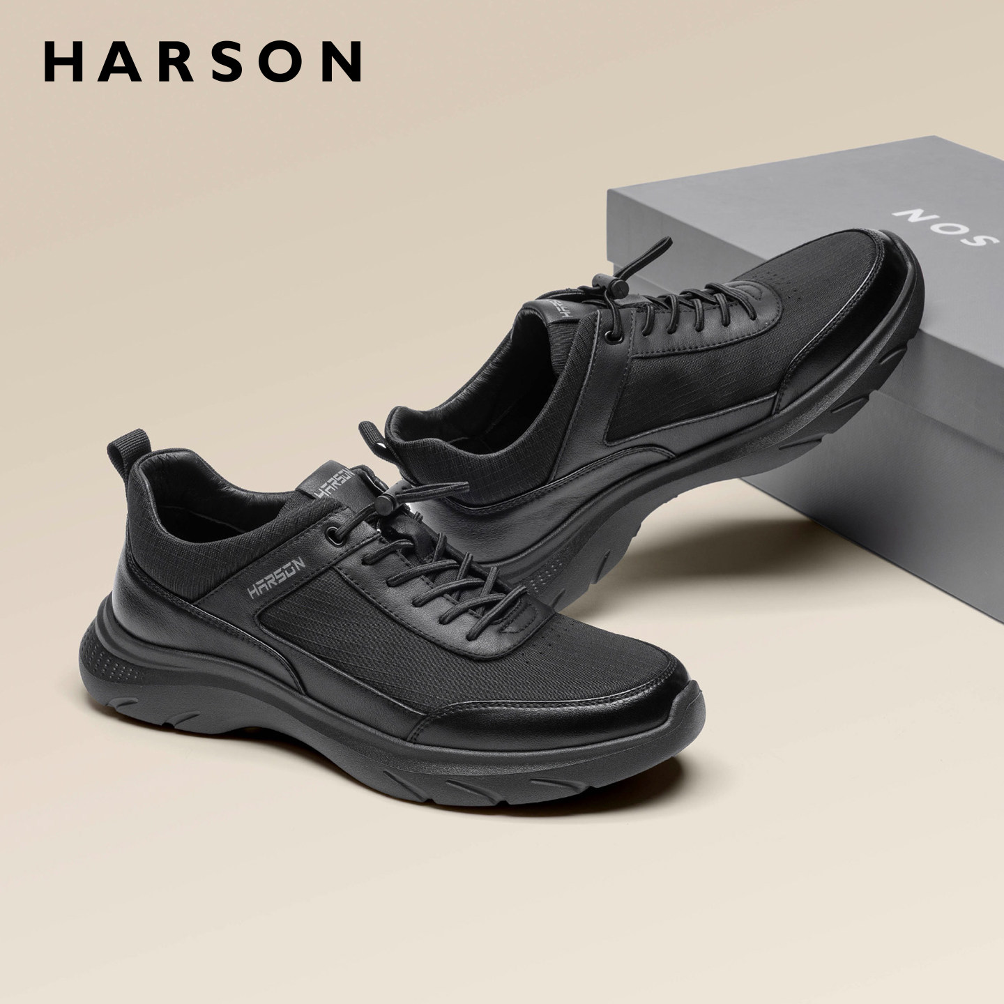 哈森春季新款男鞋真皮运动皮鞋网面透气商务男士休闲鞋软底公务鞋