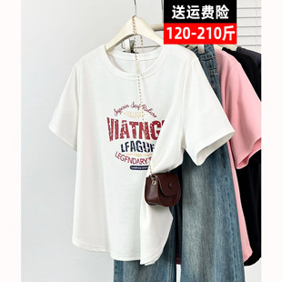 宽松显瘦做旧休闲圆领正肩半袖 T恤女200斤胖mm夏季 上衣潮 短袖 大码
