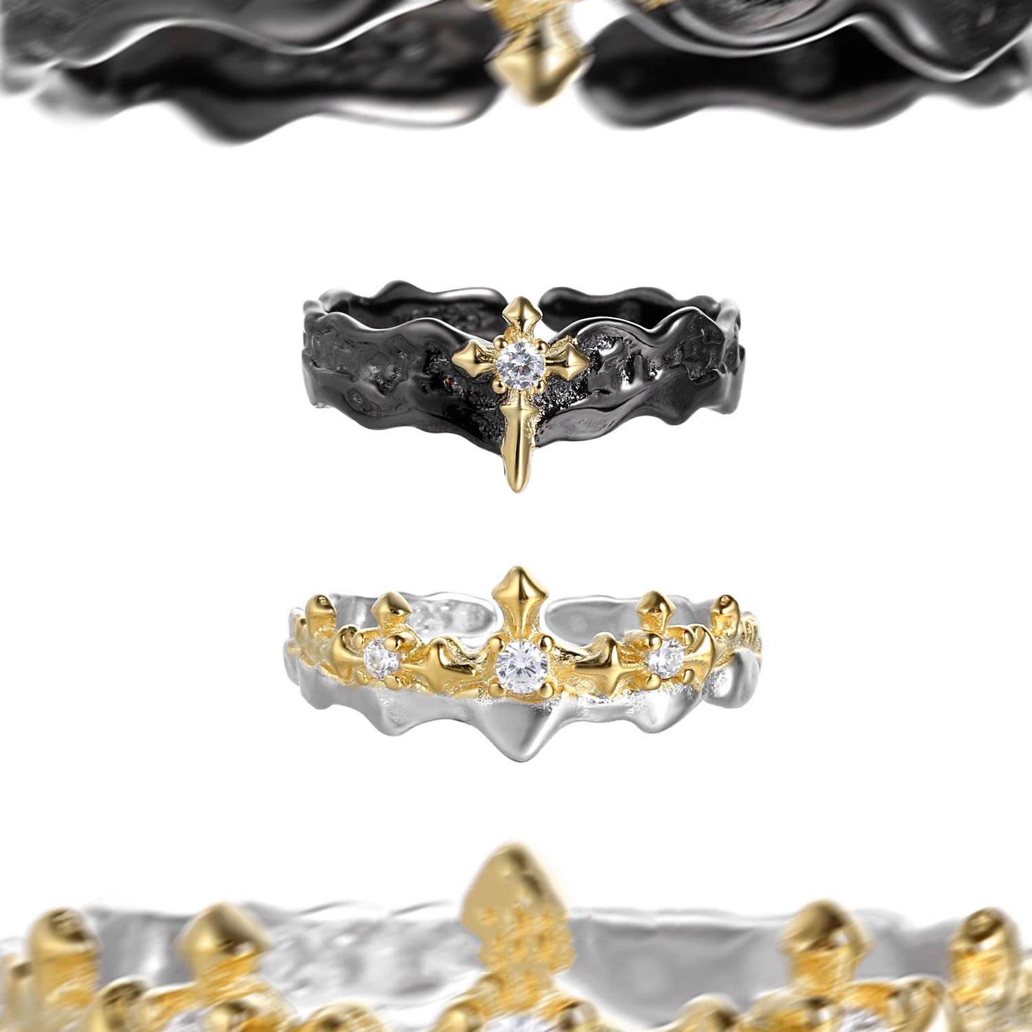 皇冠公主与骑士誓约情侣对戒黑金锆石不掉色小众高级感开口戒指女