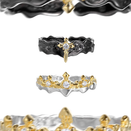 皇冠公主与骑士誓约情侣对戒黑金锆石不掉色小众高级感开口戒指女