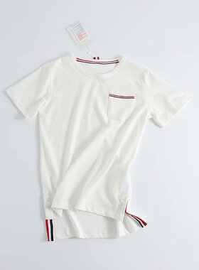 TB休闲风前短后长宽松红白蓝织带彩条圆领口袋短袖T恤女2019春夏