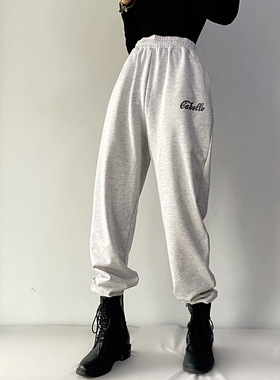 字母印花高腰松紧腰束脚口宽松休闲运动卫裤女春夏百搭直筒长裤潮