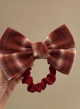 红色格子头花女大蝴蝶结毛线扎头发绳学院风高级感秋冬绑马尾发圈
