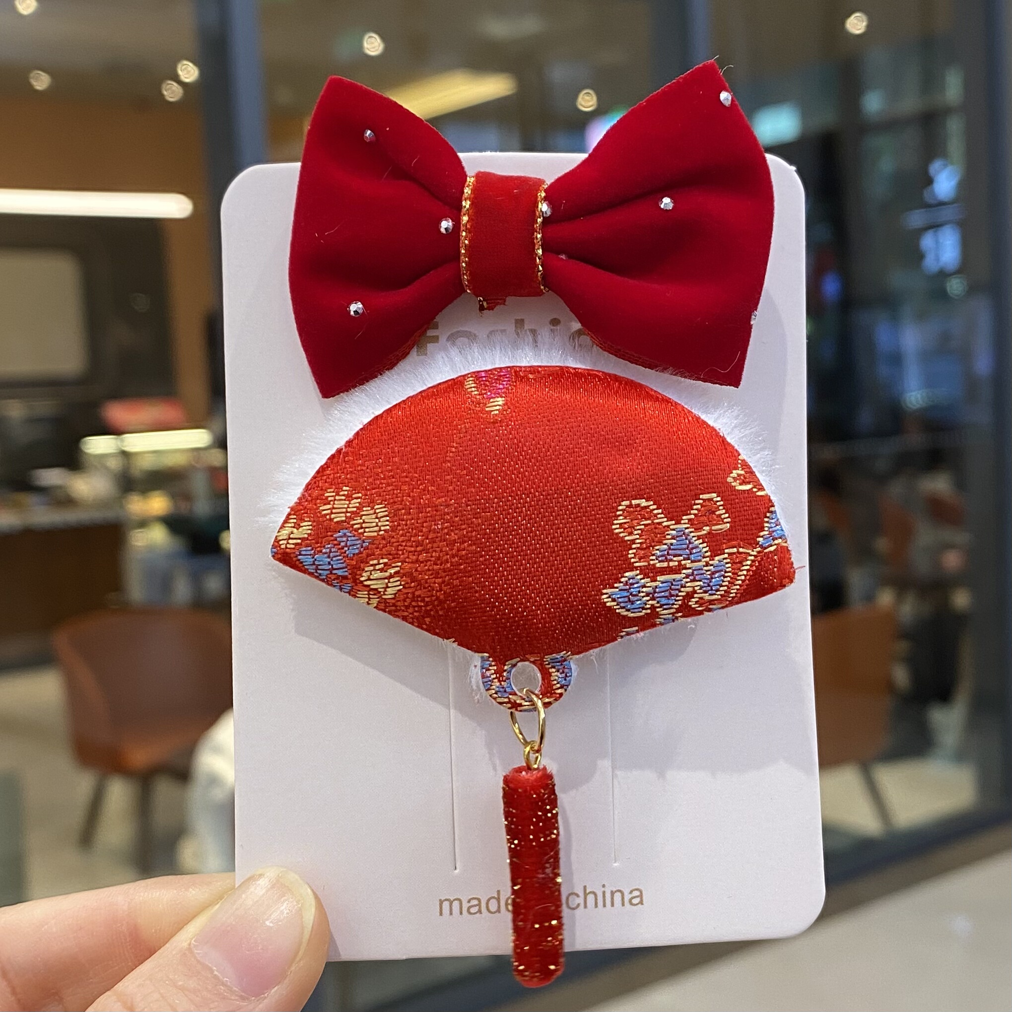 女童扇子蝴蝶结发夹发卡红色毛绒