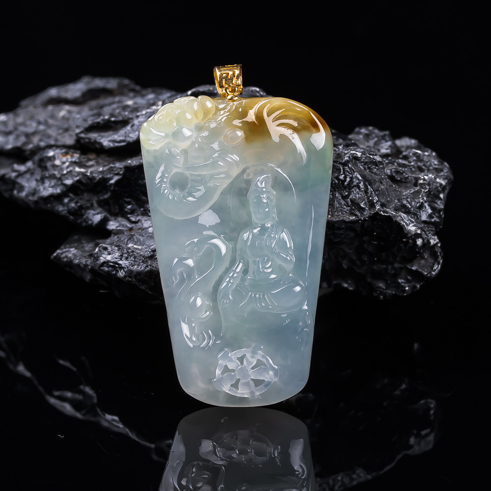 缅甸翡翠吊坠冰润黄翡普贤观音菩萨挂件18k金扣头镶嵌天然A货