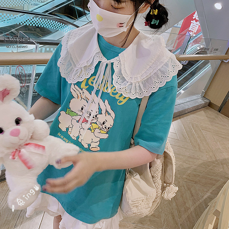 清仓 原创三只兔子可爱昭和清新印花宽松BF风童趣短袖T恤夏上衣