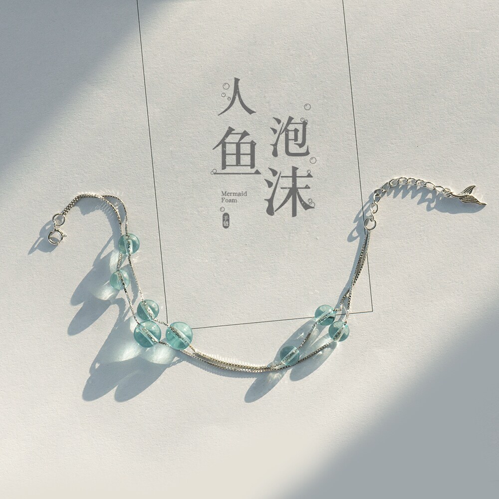 人鱼泡沫手链女蓝梦岛水滴lolita海蓝宝纯银学生简约超仙森系手饰