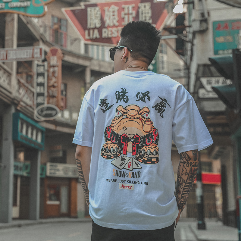 春夏季新款港風街頭復古短袖男嘻哈潮流落肩寬松圓領T恤學生短tee