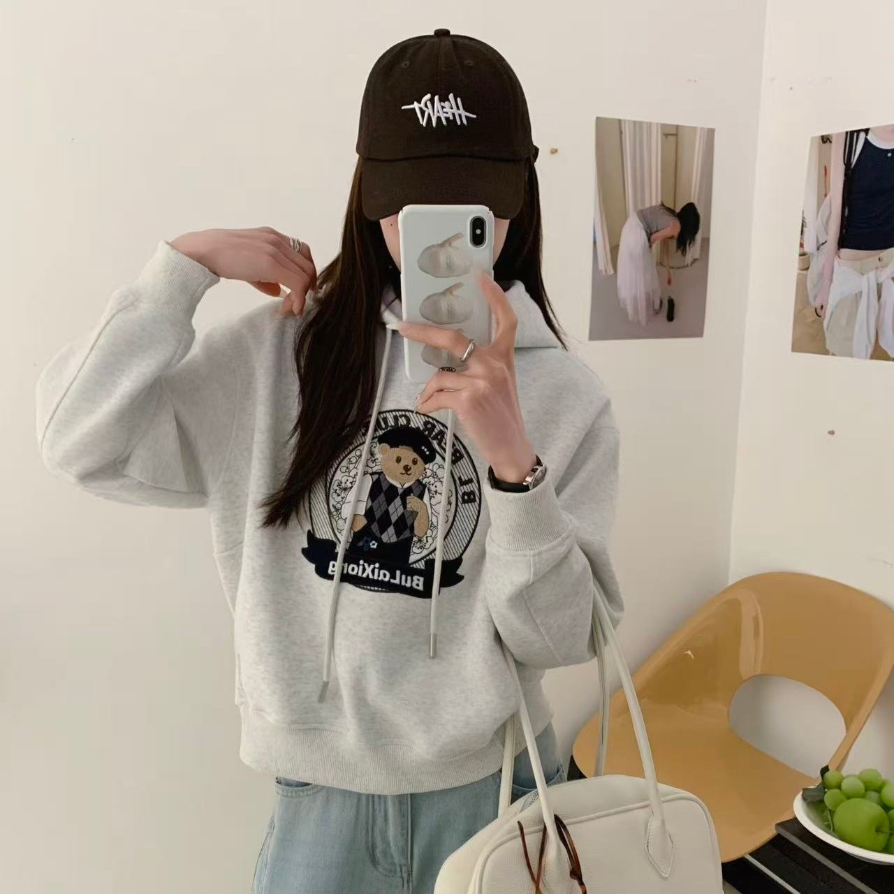 2026春季新款韩版减龄oversize宽松小个子小熊刺绣连帽套头卫衣女