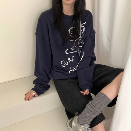 大毛圈秋季新款韩国东大门卡通火柴人圆领卫衣女宽松休闲百搭长袖