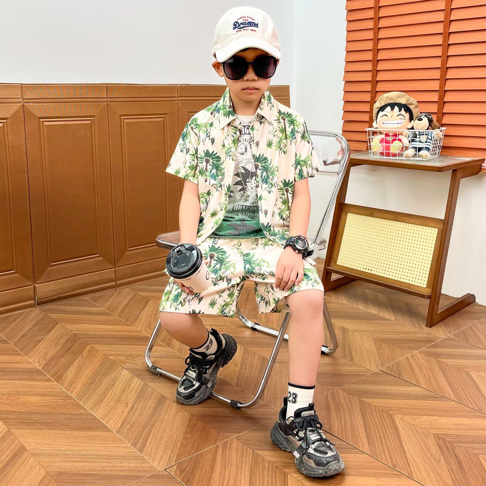 男童夏威夷风植物花卉衬衫套装夏季两件套中大童沙滩度假酷帅潮T