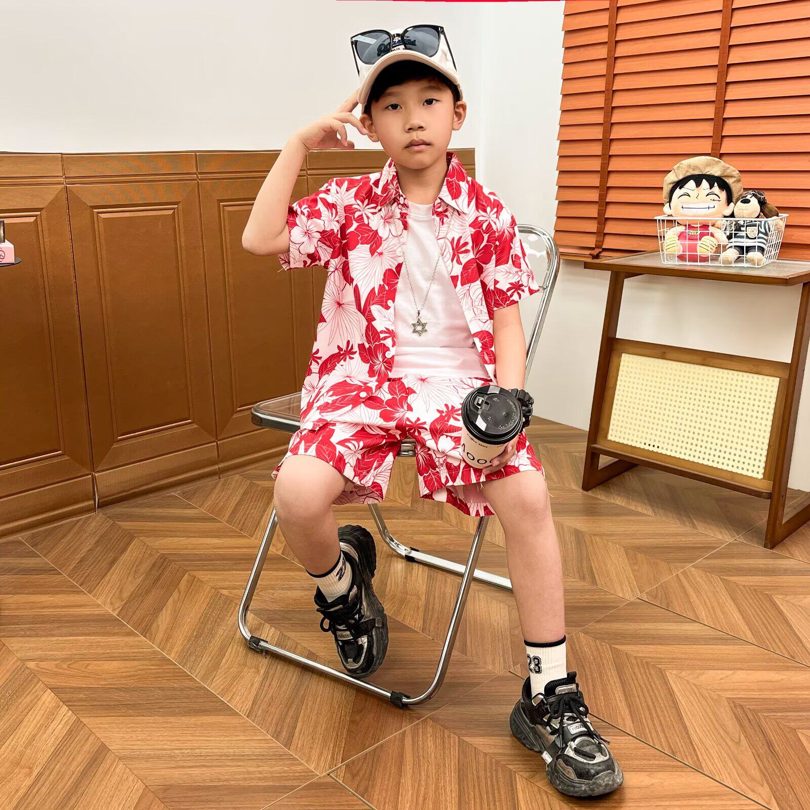 夏威夷风男童短袖衬衫套装夏季植物花卉两件套沙滩潮帅气短袖短裤