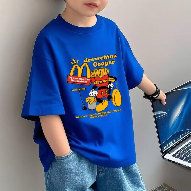 男童短袖卡通风drew薯条印花短袖T恤男童蓝色圆领宽松纯棉上衣夏T