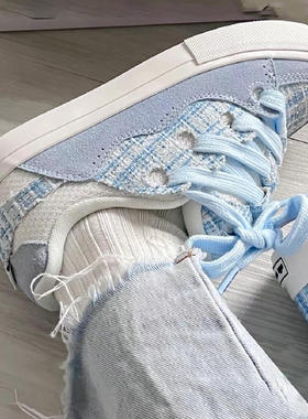 浅蓝色面包鞋男女低帮情侣格子休闲耐磨时尚牛仔蓝运动跑步板鞋潮