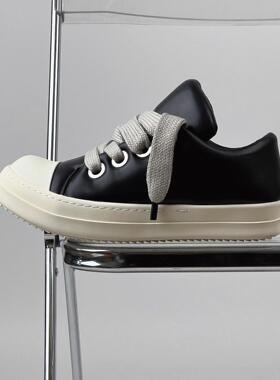 RO小胖丁真皮板鞋男女情侣头层暗黑高街透气皮鞋增高面包运动鞋潮