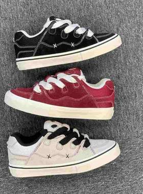 黑色面包鞋男女情侣翻毛皮酒红拼接复古休闲耐磨BAKE滑板运动鞋潮