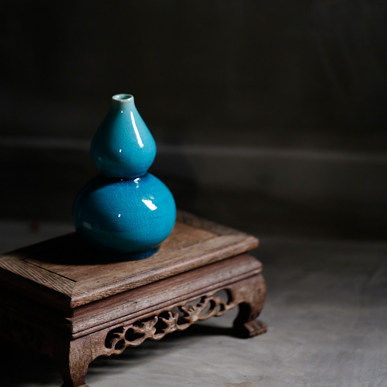 云南华宁陶 纯手工 孔雀蓝釉 葫芦 家居客厅办公室 风水招财摆件