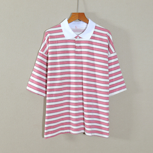 2026年新款休闲风条纹T恤衫女短袖宽松翻领T恤舒适上衣时尚百搭潮