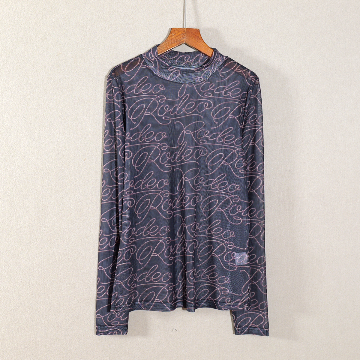 春秋款新品女装轻薄透明修身长袖立领印花T恤衫打底衫上衣服潮流