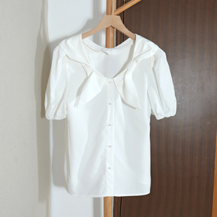 时尚 宽松简约上衣2026新款 T恤女夏季 温柔通勤风白色娃娃领泡泡袖