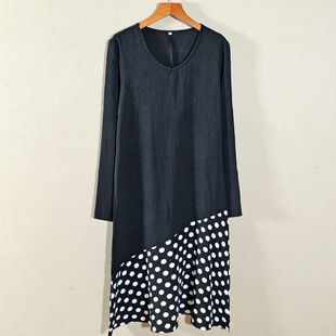 新品 连衣裙子韩版 女装 中长款 潮 V领拼接波点印花长袖 2026年春秋款