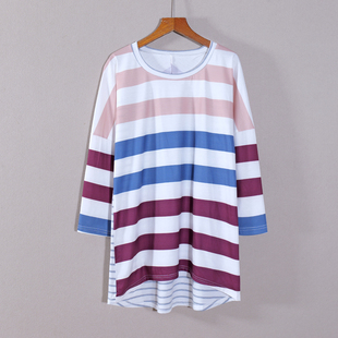 新款 圆领T恤衫 女装 长袖 上衣服宽松休闲风潮 条纹中长款 2025年秋季