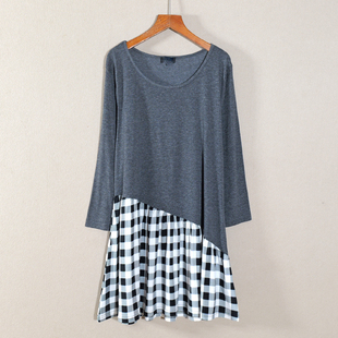 拼接中长款 春秋款 休闲风九分袖 女装 圆领宽松连衣裙子百搭简约 新品