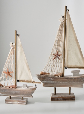 美式复古小船帆船海洋风渔船复古家居装饰品帆船模型乡村风情摆件