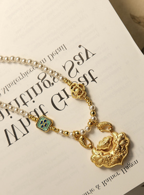 原创新中式古法沙金锦鲤平安如意锁吊坠珍珠项链女新款