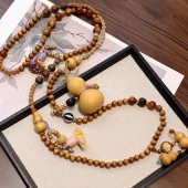 国风葫芦檀木多宝文玩水晶斜挎项链双流苏装 饰礼物百搭背背链