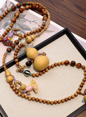 国风葫芦檀木多宝文玩水晶斜挎项链双流苏装饰礼物百搭背背链