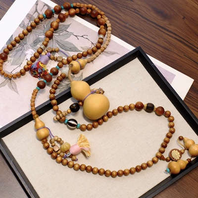 国风葫芦檀木多宝文玩水晶斜挎项链双流苏装饰礼物百搭背背链